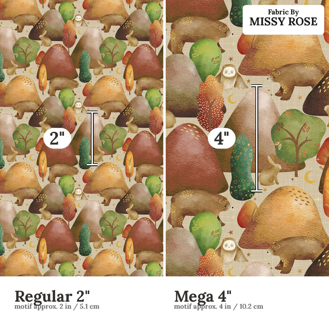 Scandi 8 Regular 2 inch vs Mega 4 inch print scale side by side | Fabric by Missy Rose
