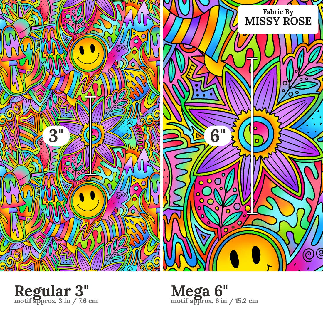 Scandi 9 Regular 3 inch vs Mega 6 inch print scale side by side | Fabric by Missy Rose