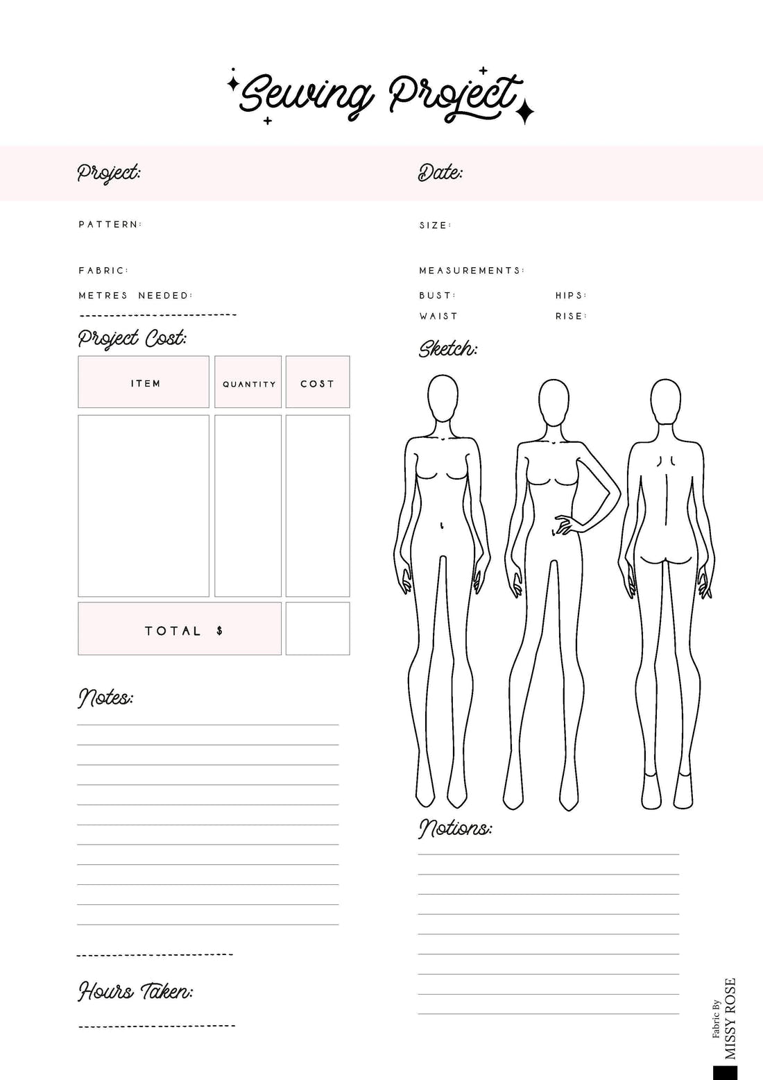 Free Digital Sewing Planner Template fabric – pre-order designer fabric Australia | Fabric by Missy Rose