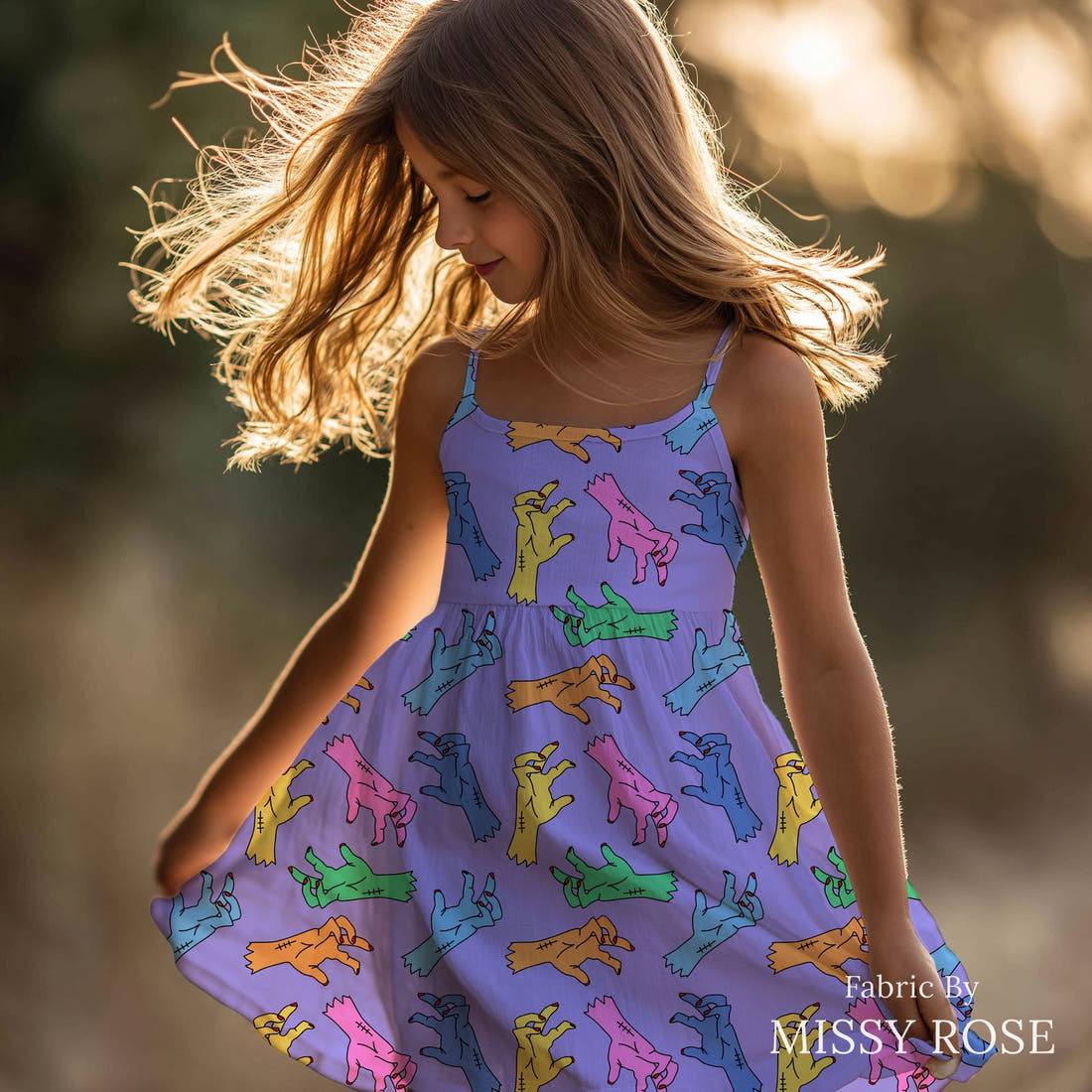 Studio Saturate Fabric 01 sewn into a girls' dress - see how the print looks made up | Fabric by Missy Rose