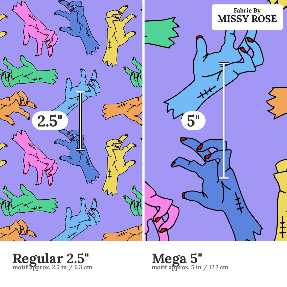 Studio Saturate Fabric 01 Regular 2.5 inch vs Mega 5 inch print scale side by side | Fabric by Missy Rose
