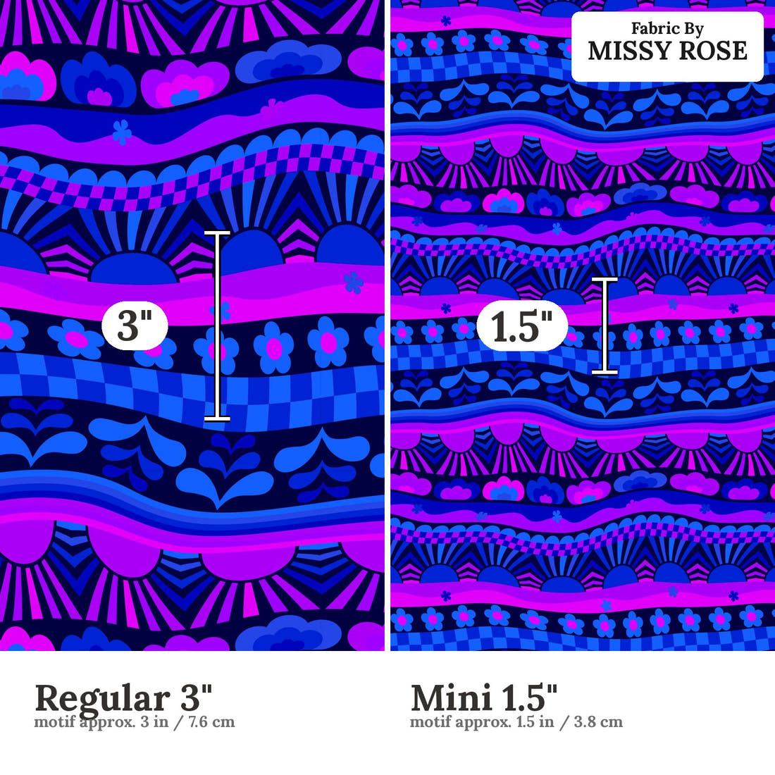 Studio Saturate Fabric 03 Regular 3 inch vs Mini 1.5 inch print scale side by side | Fabric by Missy Rose