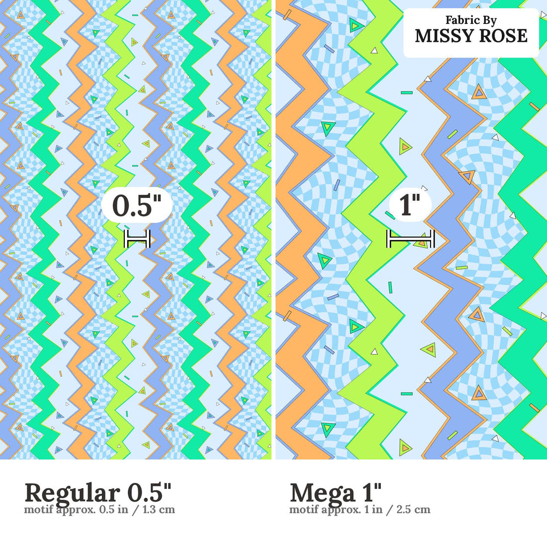 Studio Saturate Fabric 04 Regular 0.5 inch vs Mega 1 inch print scale side by side | Fabric by Missy Rose
