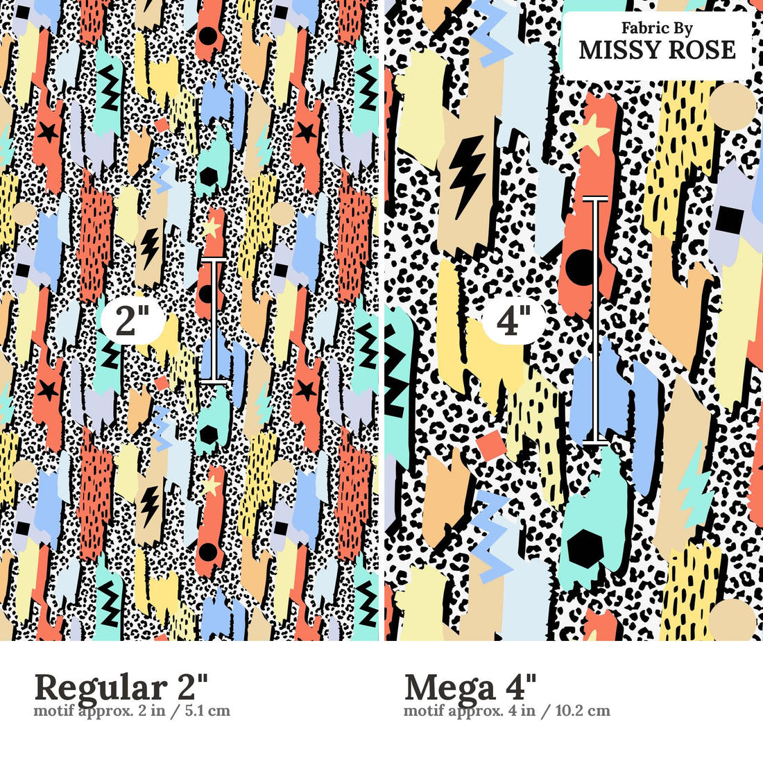 Studio Saturate Fabric 05 Regular 2 inch vs Mega 4 inch print scale side by side | Fabric by Missy Rose