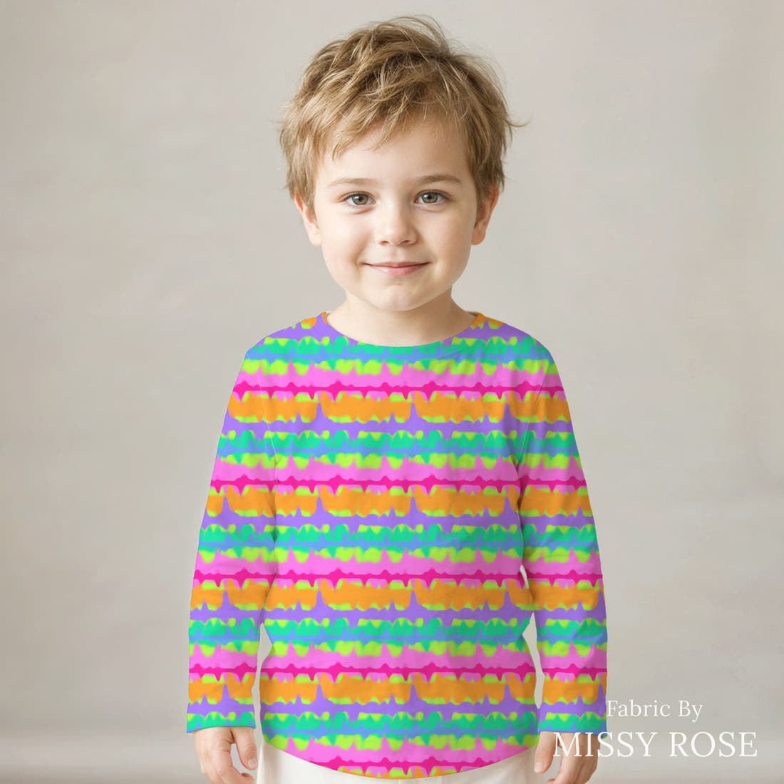 Studio Saturate Fabric 06 sewn into a kids' all-over tee - see how the print looks made up | Fabric by Missy Rose
