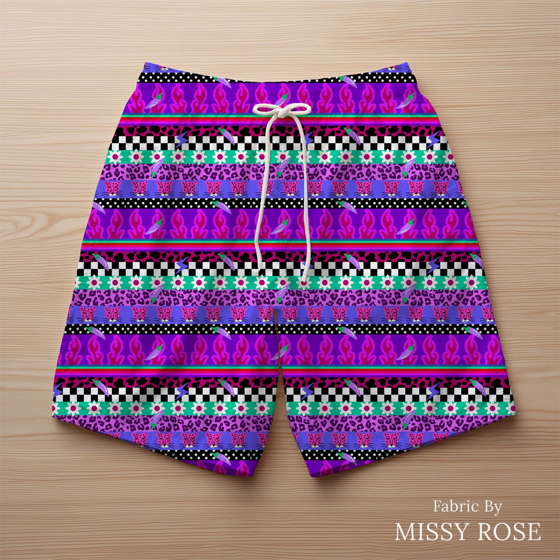 Studio Saturate Fabric 08 sewn into swim shorts - see how the print looks made up | Fabric by Missy Rose
