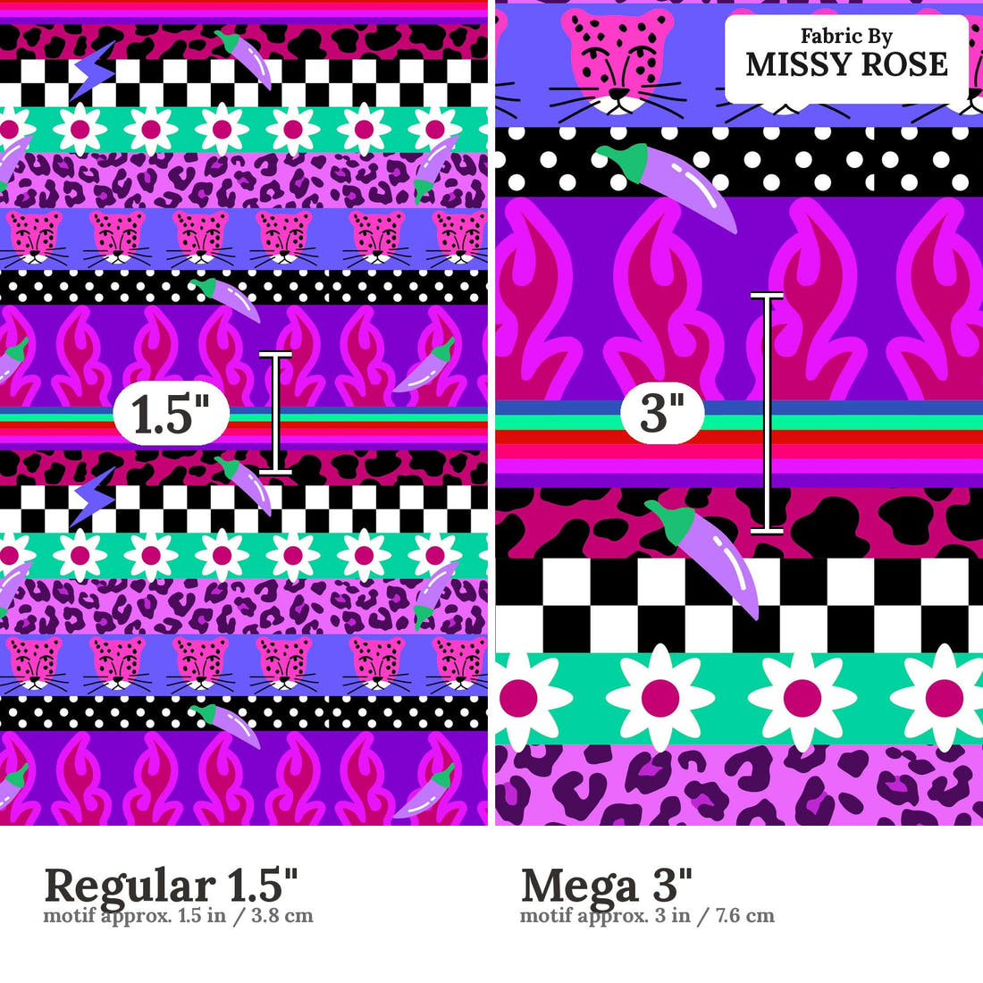 Studio Saturate Fabric 08 Regular 1.5 inch vs Mega 3 inch print scale side by side | Fabric by Missy Rose