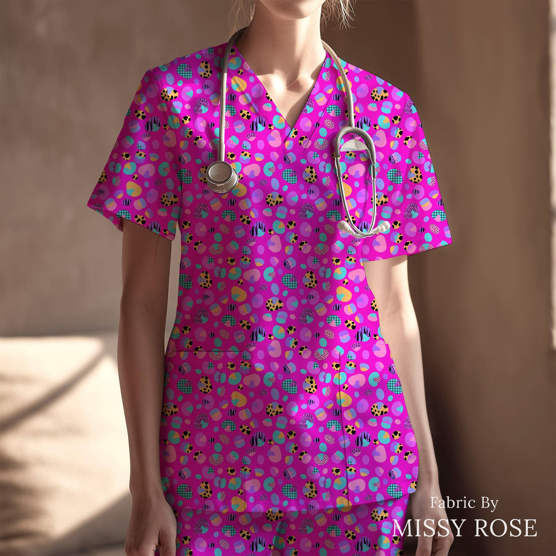 Studio Saturate Fabric 09 sewn into a scrubs top - see how the print looks made up | Fabric by Missy Rose