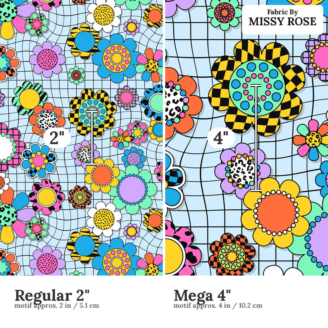 Studio Saturate Fabric 12 Regular 2 inch vs Mega 4 inch print scale side by side | Fabric by Missy Rose