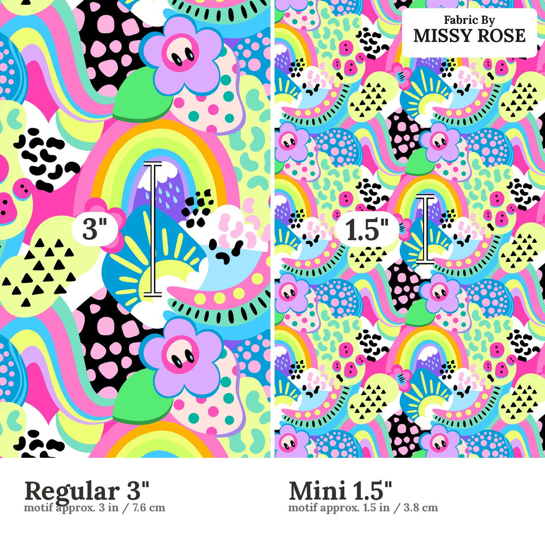 Studio Saturate Fabric 13 Regular 3 inch vs Mini 1.5 inch print scale side by side | Fabric by Missy Rose