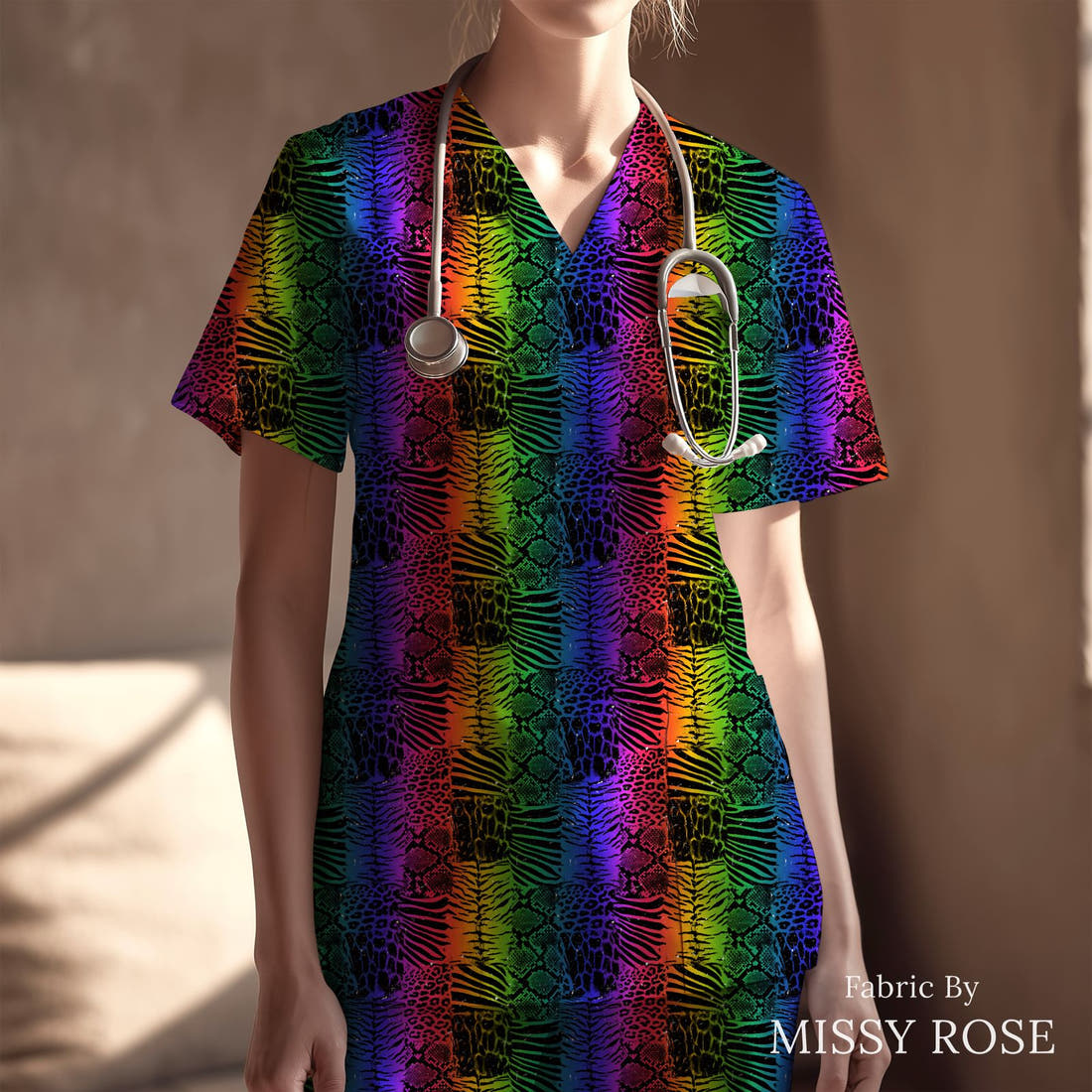 Studio Saturate Fabric 16 sewn into a scrubs top - see how the print looks made up | Fabric by Missy Rose