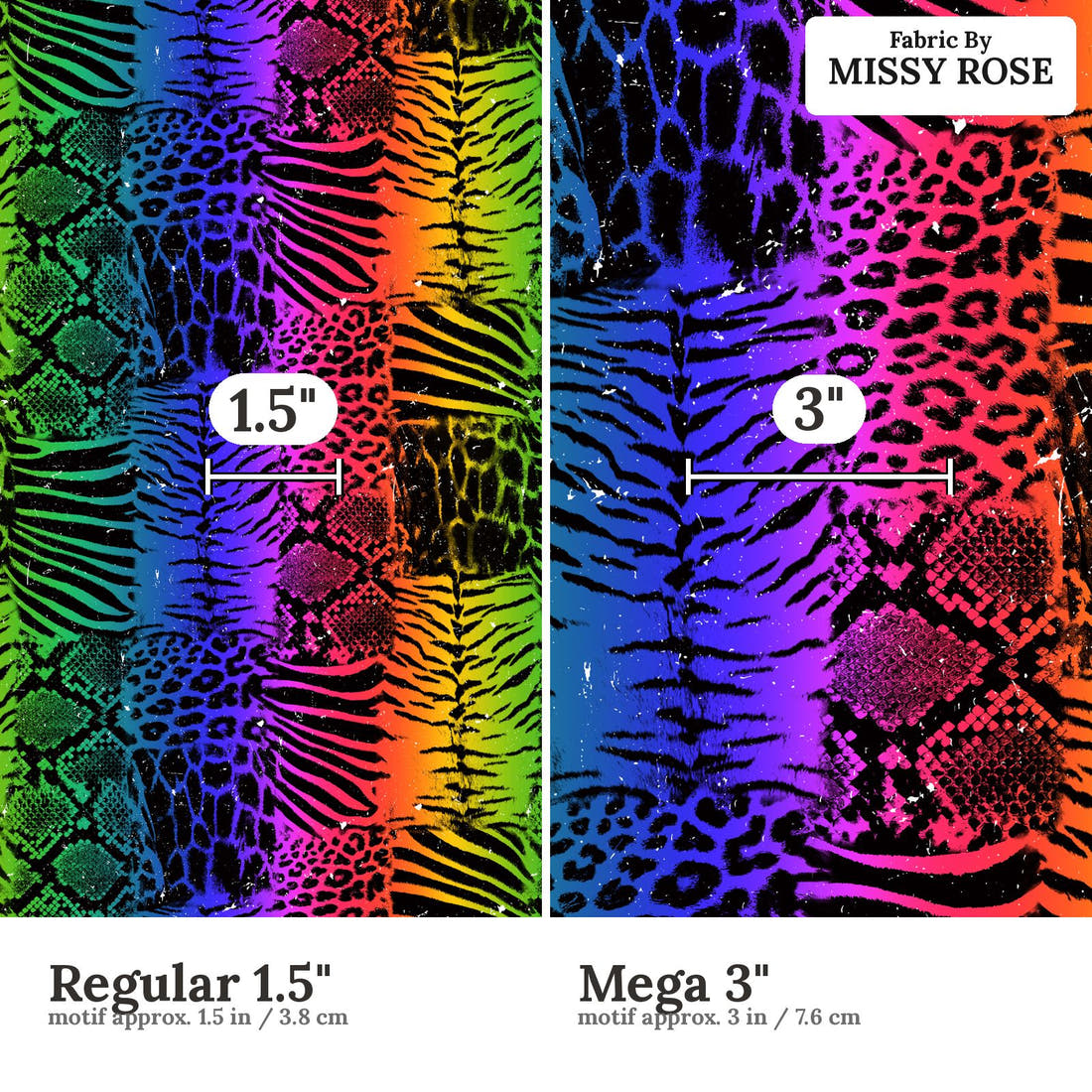 Studio Saturate Fabric 16 Regular 1.5 inch vs Mega 3 inch print scale side by side | Fabric by Missy Rose