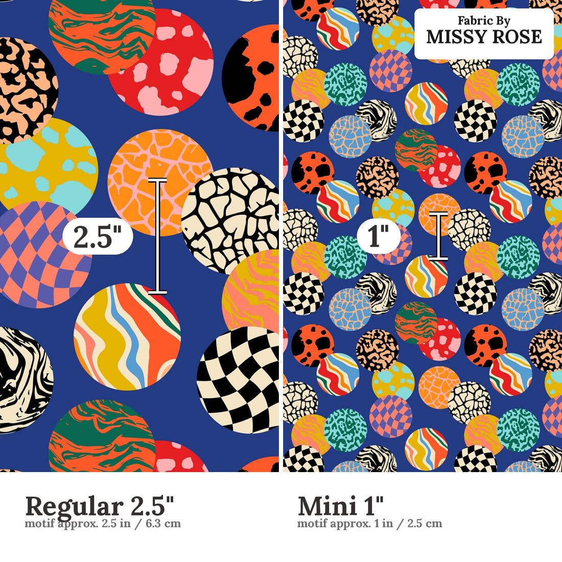 Studio Saturate Fabric 17 Regular 2.5 inch vs Mini 1 inch print scale side by side | Fabric by Missy Rose