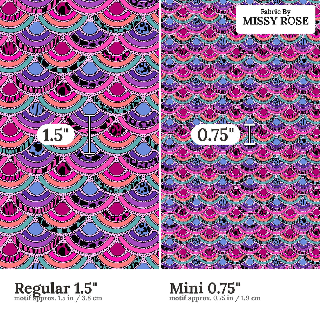 Studio Saturate Fabric 18 Regular 1.5 inch vs Mini 0.75 inch print scale side by side | Fabric by Missy Rose