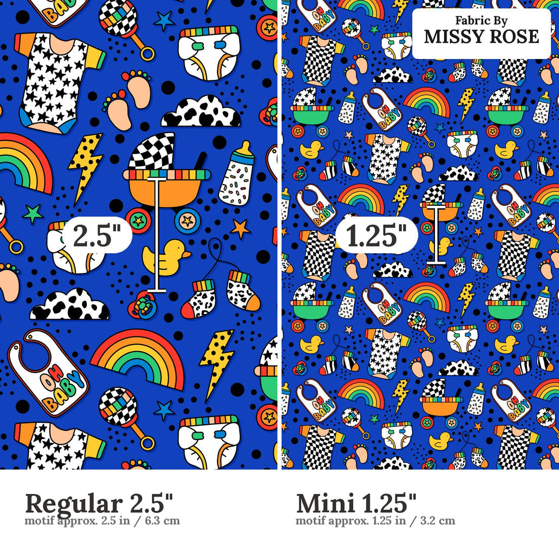 Studio Saturate Fabric 20 Regular 2.5 inch vs Mini 1.25 inch print scale side by side | Fabric by Missy Rose