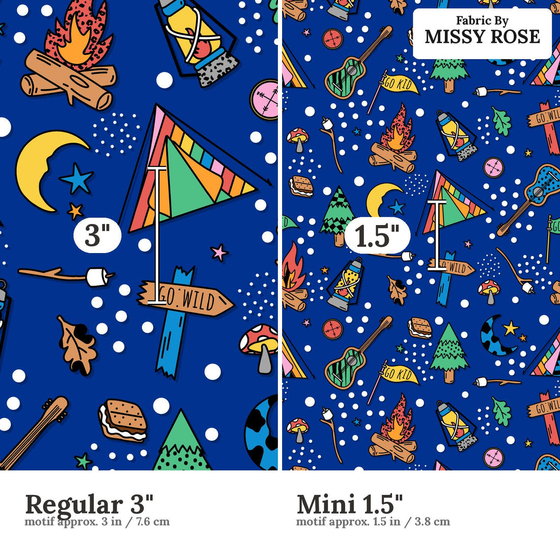 Studio Saturate Fabric 24 Regular 3 inch vs Mini 1.5 inch print scale side by side | Fabric by Missy Rose