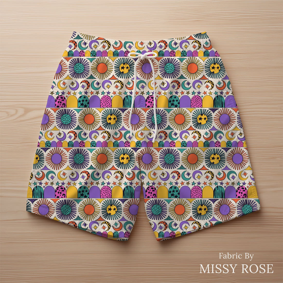 Studio Saturate Fabric 25 sewn into swim shorts - see how the print looks made up | Fabric by Missy Rose
