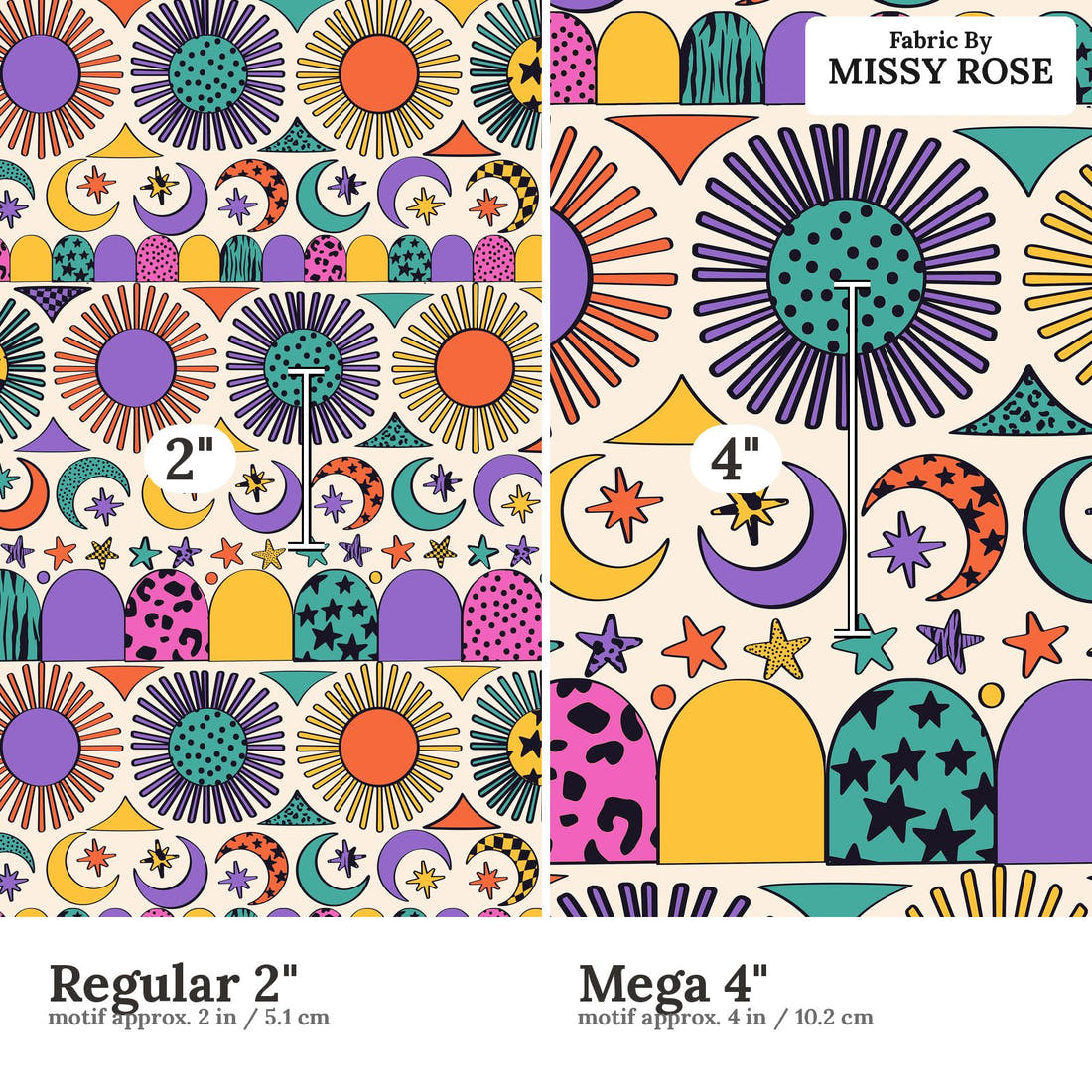 Studio Saturate Fabric 25 Regular 2 inch vs Mega 4 inch print scale side by side | Fabric by Missy Rose