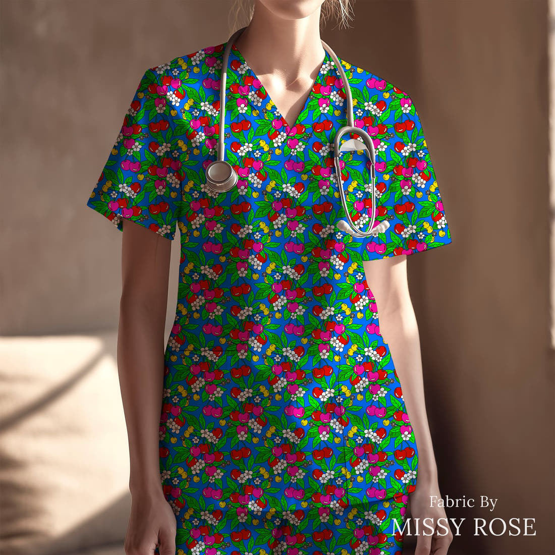Studio Saturate Fabric 28 sewn into a scrubs top - see how the print looks made up | Fabric by Missy Rose