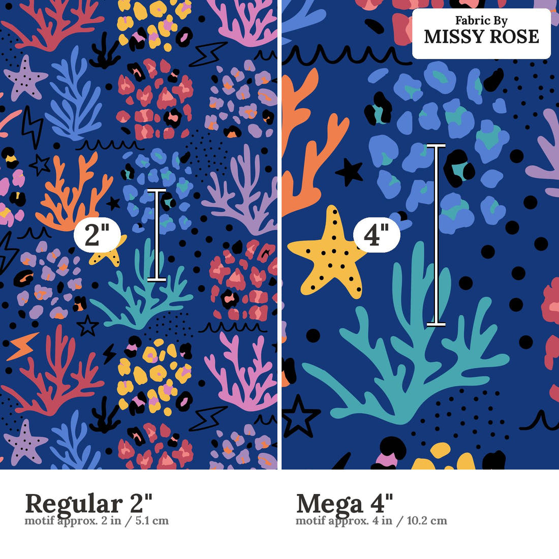 Studio Saturate Fabric 30 Regular 2 inch vs Mega 4 inch print scale side by side | Fabric by Missy Rose