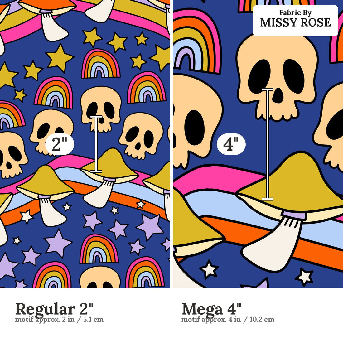 Studio Saturate Fabric 35 Regular 2 inch vs Mega 4 inch print scale side by side | Fabric by Missy Rose