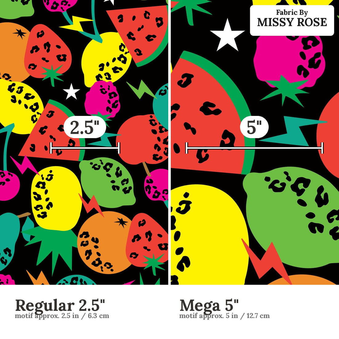Studio Saturate Fabric 36 Regular 2.5 inch vs Mega 5 inch print scale side by side | Fabric by Missy Rose