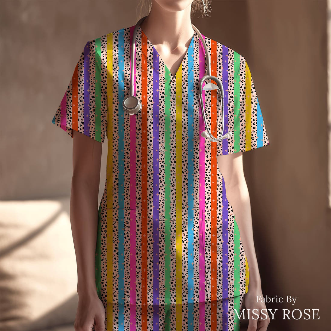 Studio Saturate Fabric 40 sewn into a scrubs top - see how the print looks made up | Fabric by Missy Rose