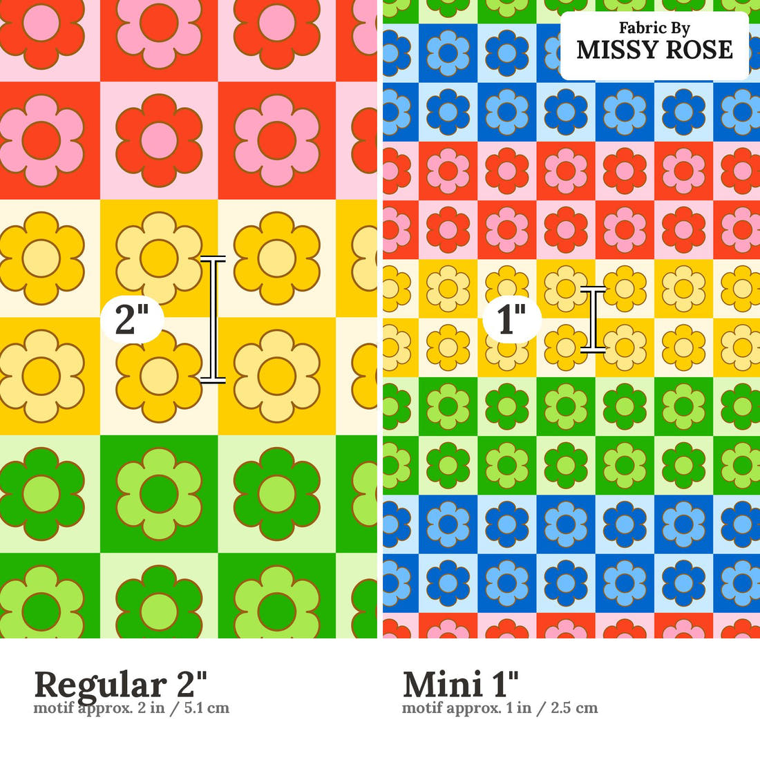 Studio Saturate Fabric 43 Regular 2 inch vs Mini 1 inch print scale side by side | Fabric by Missy Rose