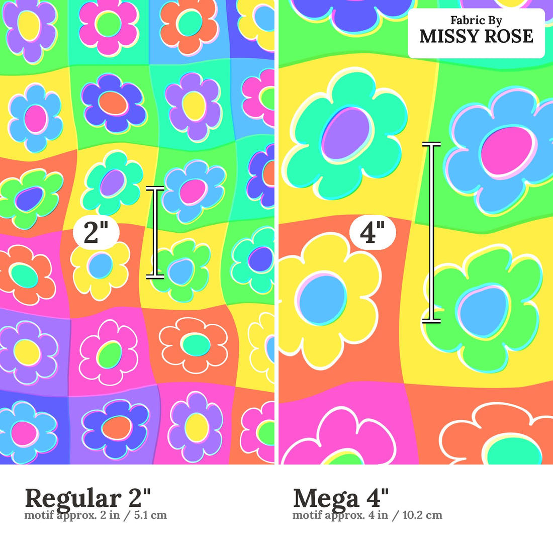 Studio Saturate Fabric 44 Regular 2 inch vs Mega 4 inch print scale side by side | Fabric by Missy Rose