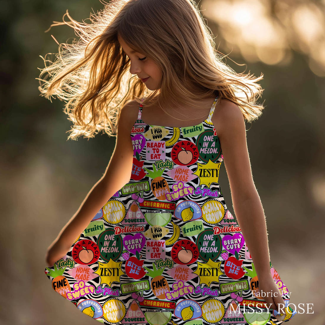 Studio Saturate Fabric 45 sewn into a girls' dress - see how the print looks made up | Fabric by Missy Rose