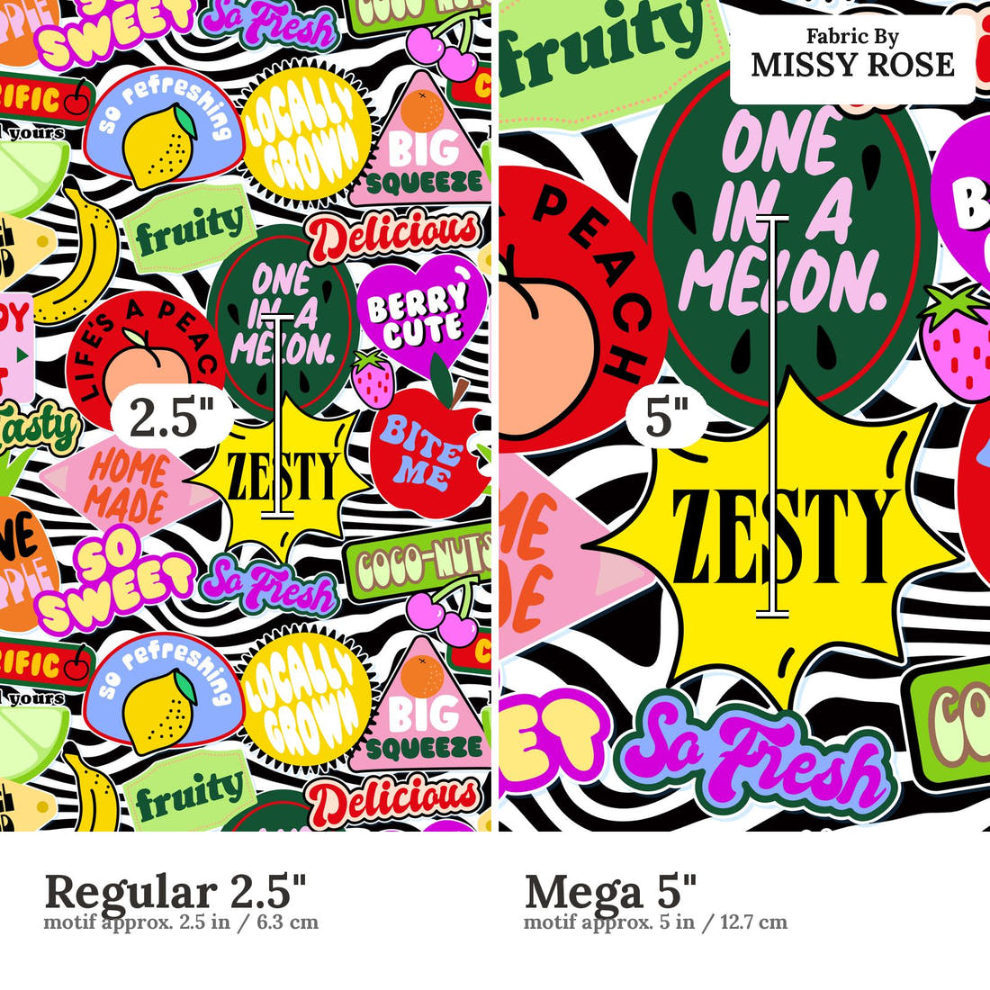 Studio Saturate Fabric 45 Regular 2.5 inch vs Mega 5 inch print scale side by side | Fabric by Missy Rose