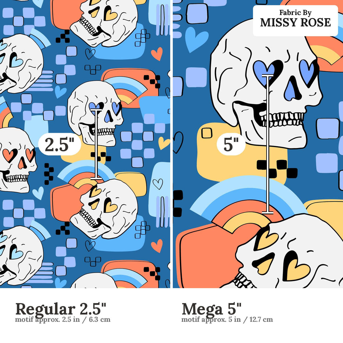 Studio Saturate Fabric 48 Regular 2.5 inch vs Mega 5 inch print scale side by side | Fabric by Missy Rose
