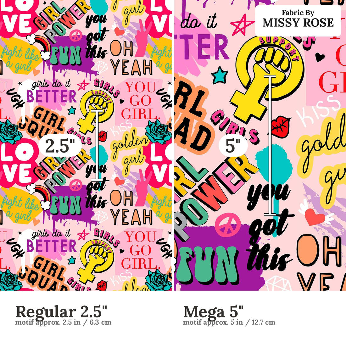 Studio Saturate Fabric 52 Regular 2.5 inch vs Mega 5 inch print scale side by side | Fabric by Missy Rose