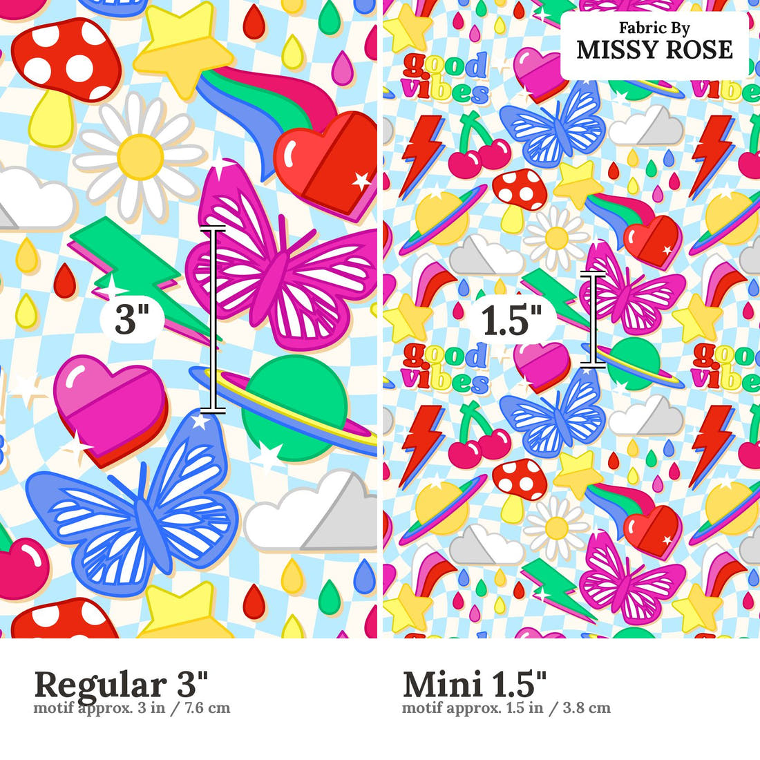 Studio Saturate Fabric 55 Regular 3 inch vs Mini 1.5 inch print scale side by side | Fabric by Missy Rose