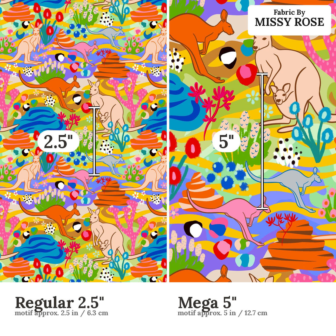 Studio Saturate Fabric 58 Regular 2.5 inch vs Mega 5 inch print scale side by side | Fabric by Missy Rose