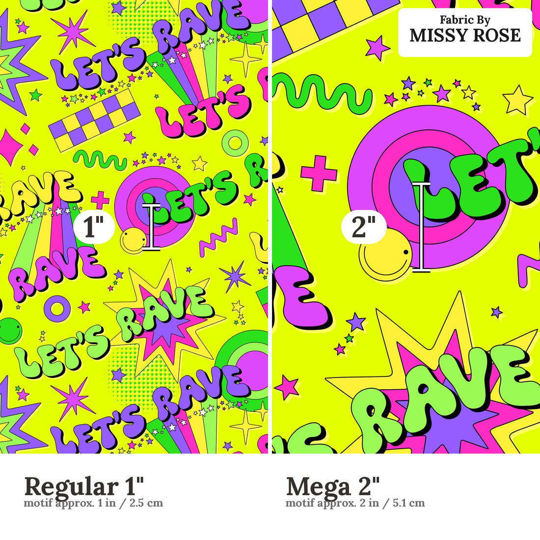 Studio Saturate Fabric 62 Regular 1 inch vs Mega 2 inch print scale side by side | Fabric by Missy Rose