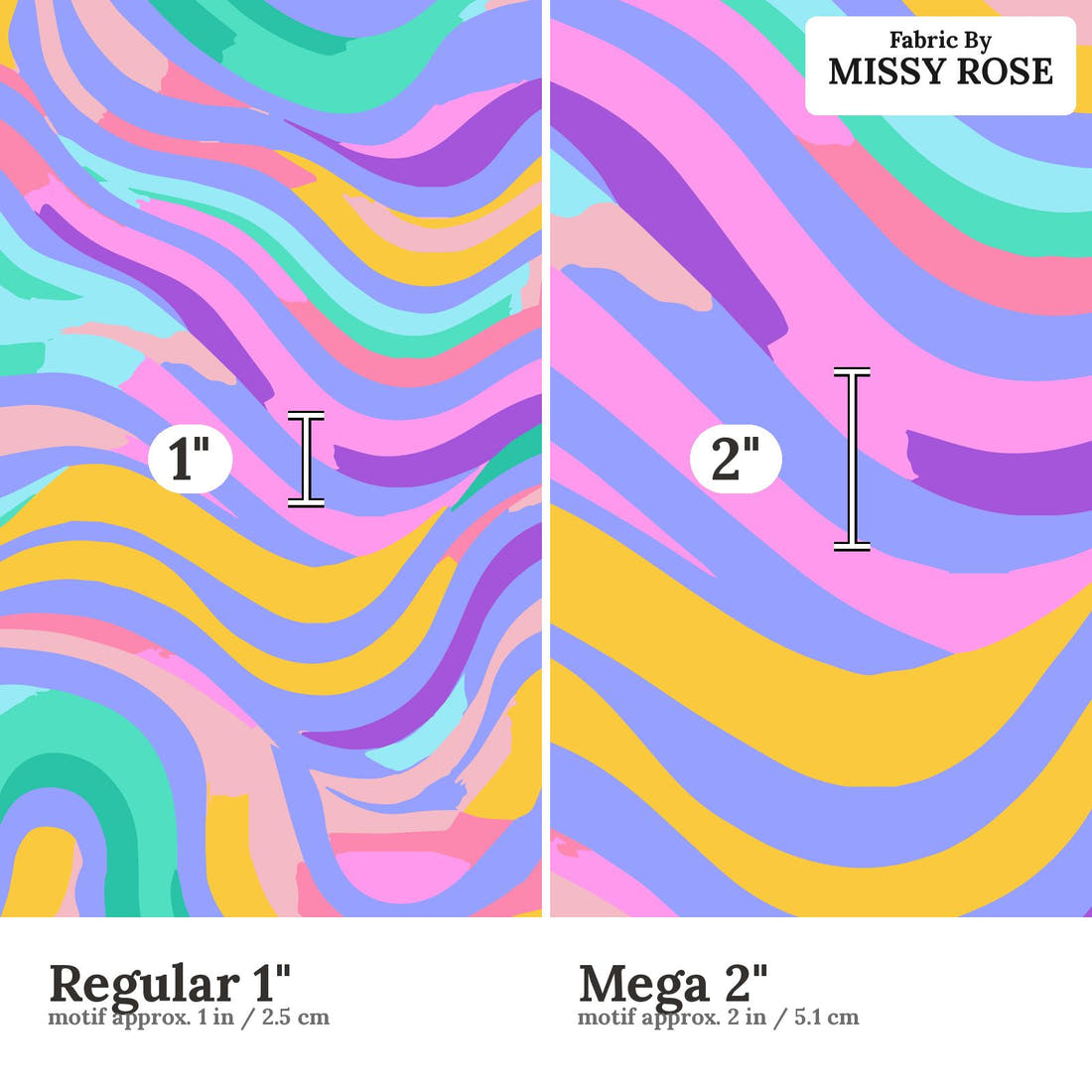 Studio Saturate Fabric 66 Regular 1 inch vs Mega 2 inch print scale side by side | Fabric by Missy Rose