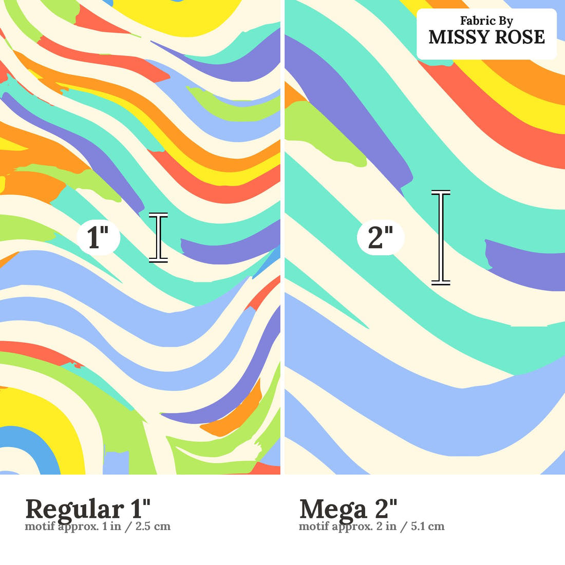 Studio Saturate Fabric 67 Regular 1 inch vs Mega 2 inch print scale side by side | Fabric by Missy Rose