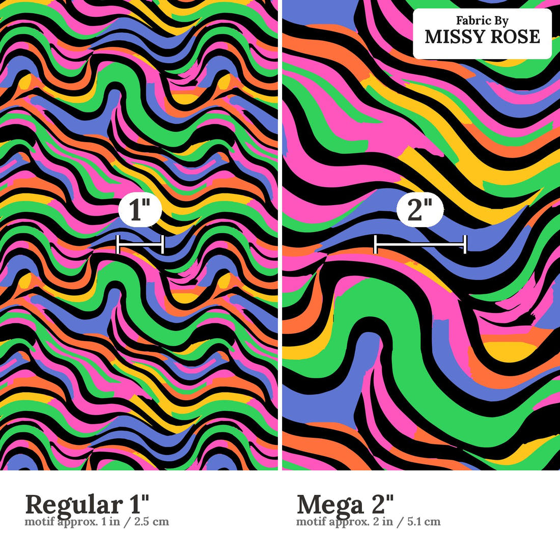 Studio Saturate Fabric 68 Regular 1 inch vs Mega 2 inch print scale side by side | Fabric by Missy Rose