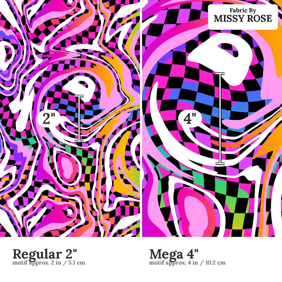 Studio Saturate Fabric 69 Regular 2 inch vs Mega 4 inch print scale side by side | Fabric by Missy Rose