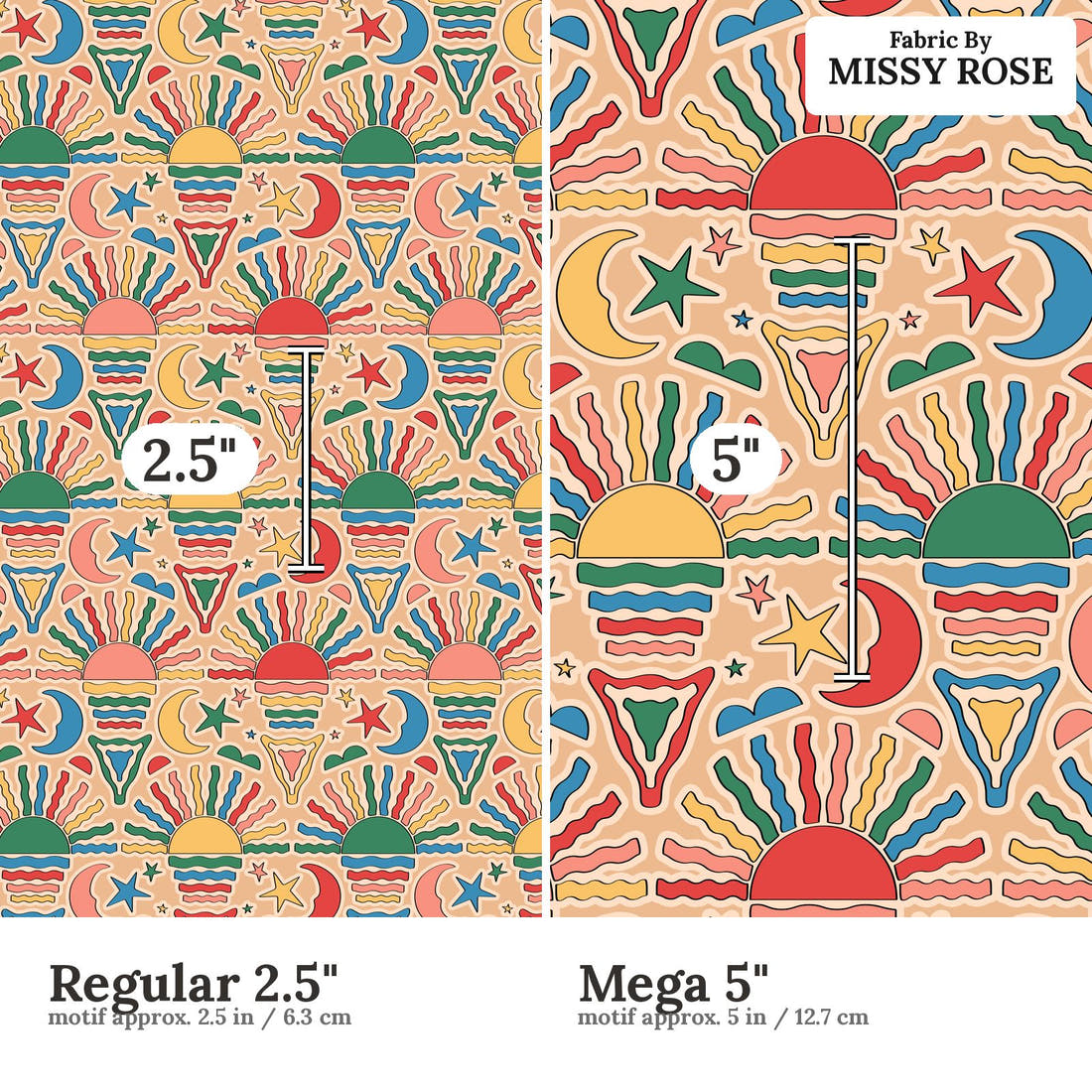Studio Saturate Fabric 73 Regular 2.5 inch vs Mega 5 inch print scale side by side | Fabric by Missy Rose