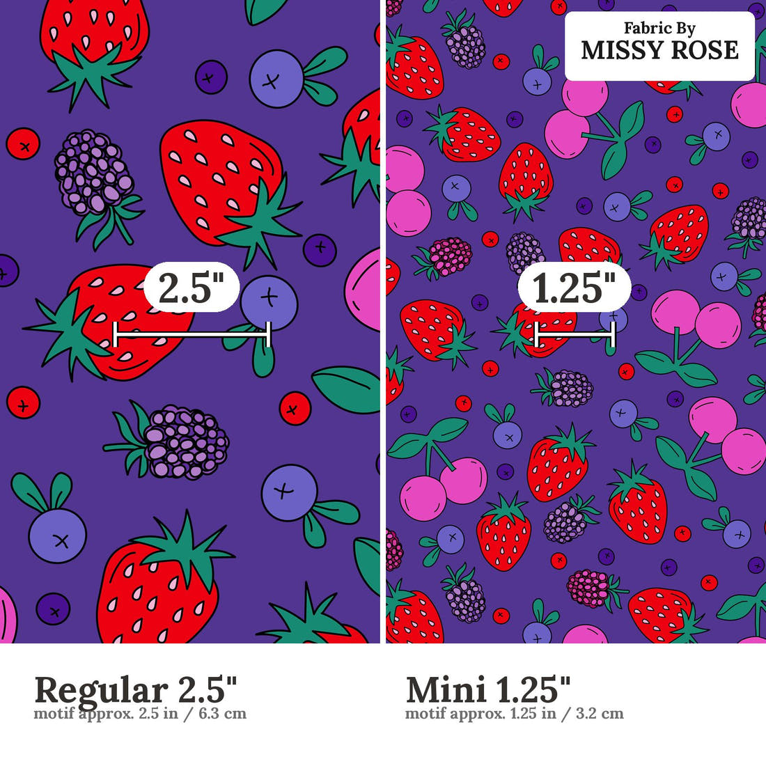 Studio Saturate Fabric 74 Regular 2.5 inch vs Mini 1.25 inch print scale side by side | Fabric by Missy Rose