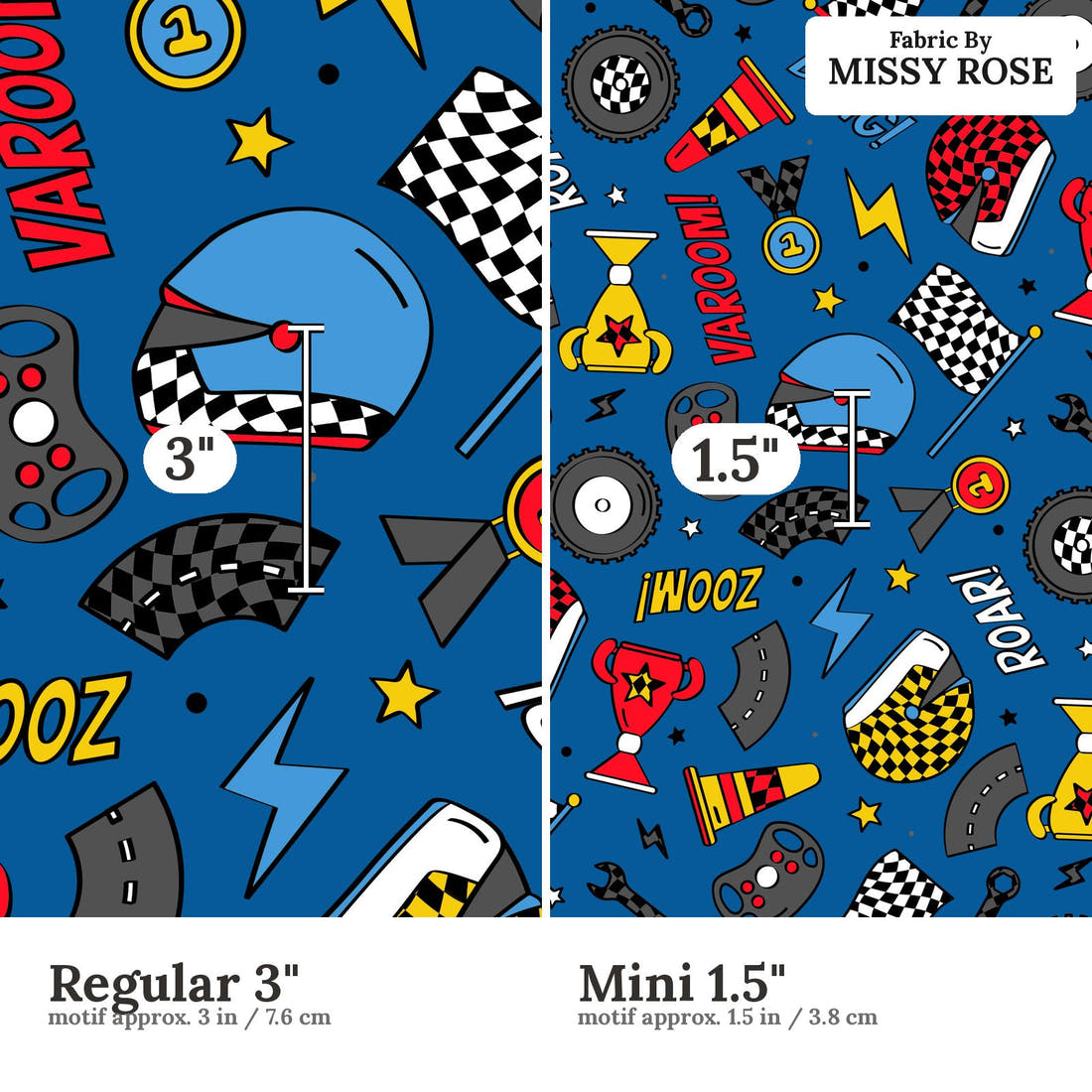 Studio Saturate Fabric 75 Regular 3 inch vs Mini 1.5 inch print scale side by side | Fabric by Missy Rose