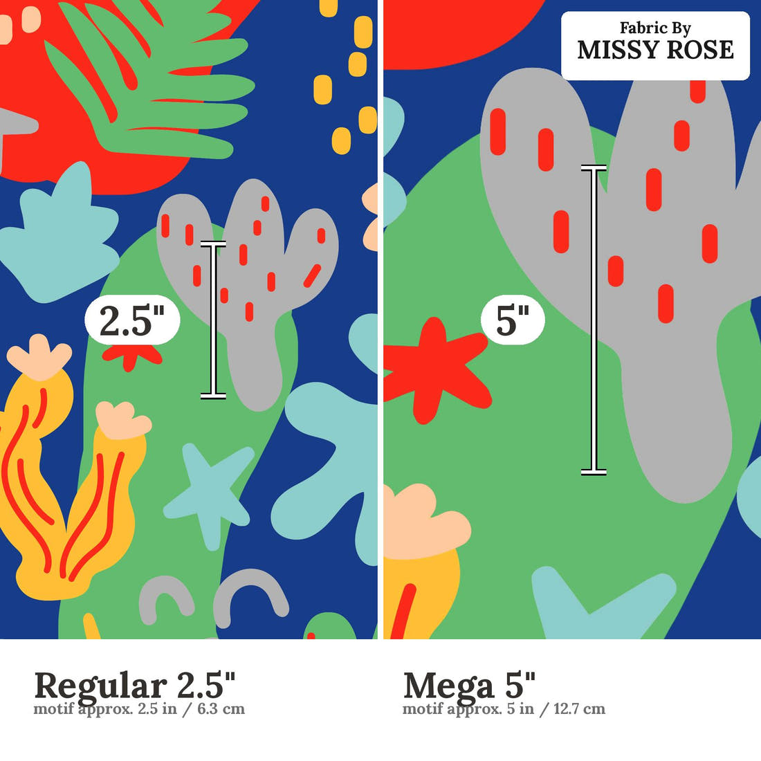 Studio Saturate Fabric 76 Regular 2.5 inch vs Mega 5 inch print scale side by side | Fabric by Missy Rose