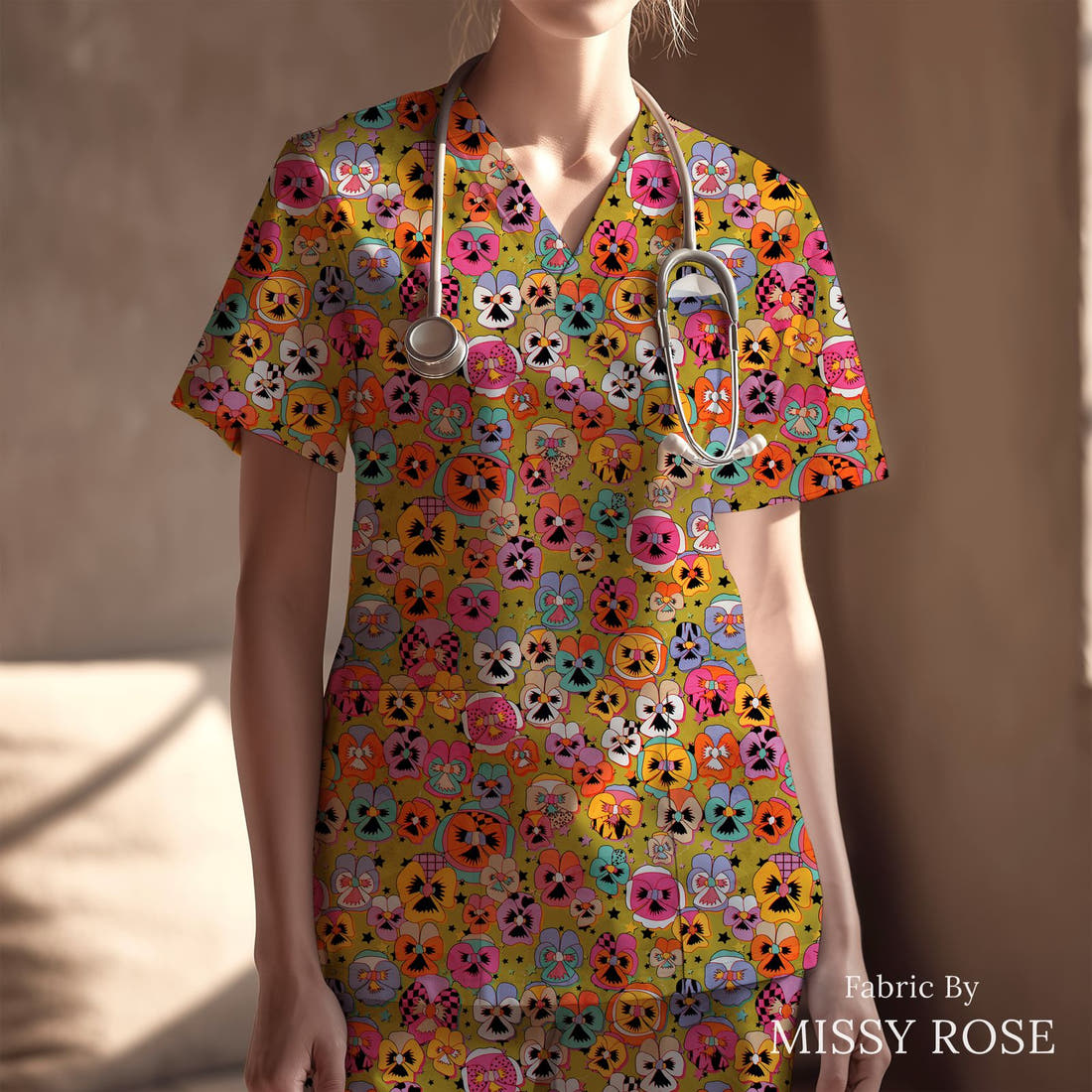 Studio Saturate Fabric 79 sewn into a scrubs top - see how the print looks made up | Fabric by Missy Rose