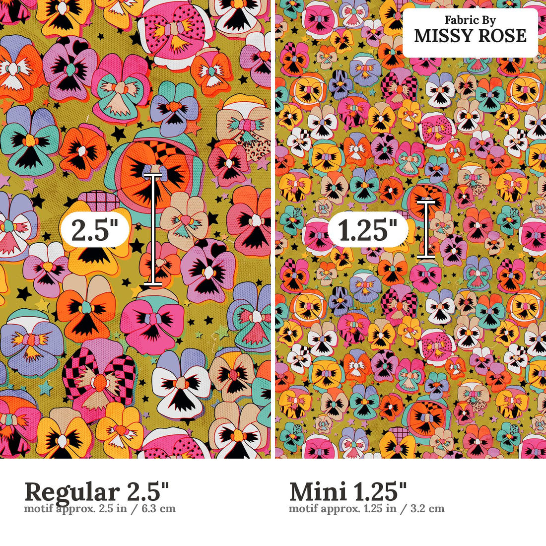 Studio Saturate Fabric 79 Regular 2.5 inch vs Mini 1.25 inch print scale side by side | Fabric by Missy Rose