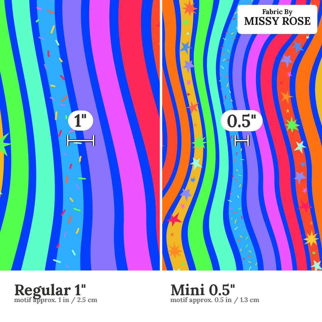 Studio Saturate Fabric 80 Regular 1 inch vs Mini 0.5 inch print scale side by side | Fabric by Missy Rose