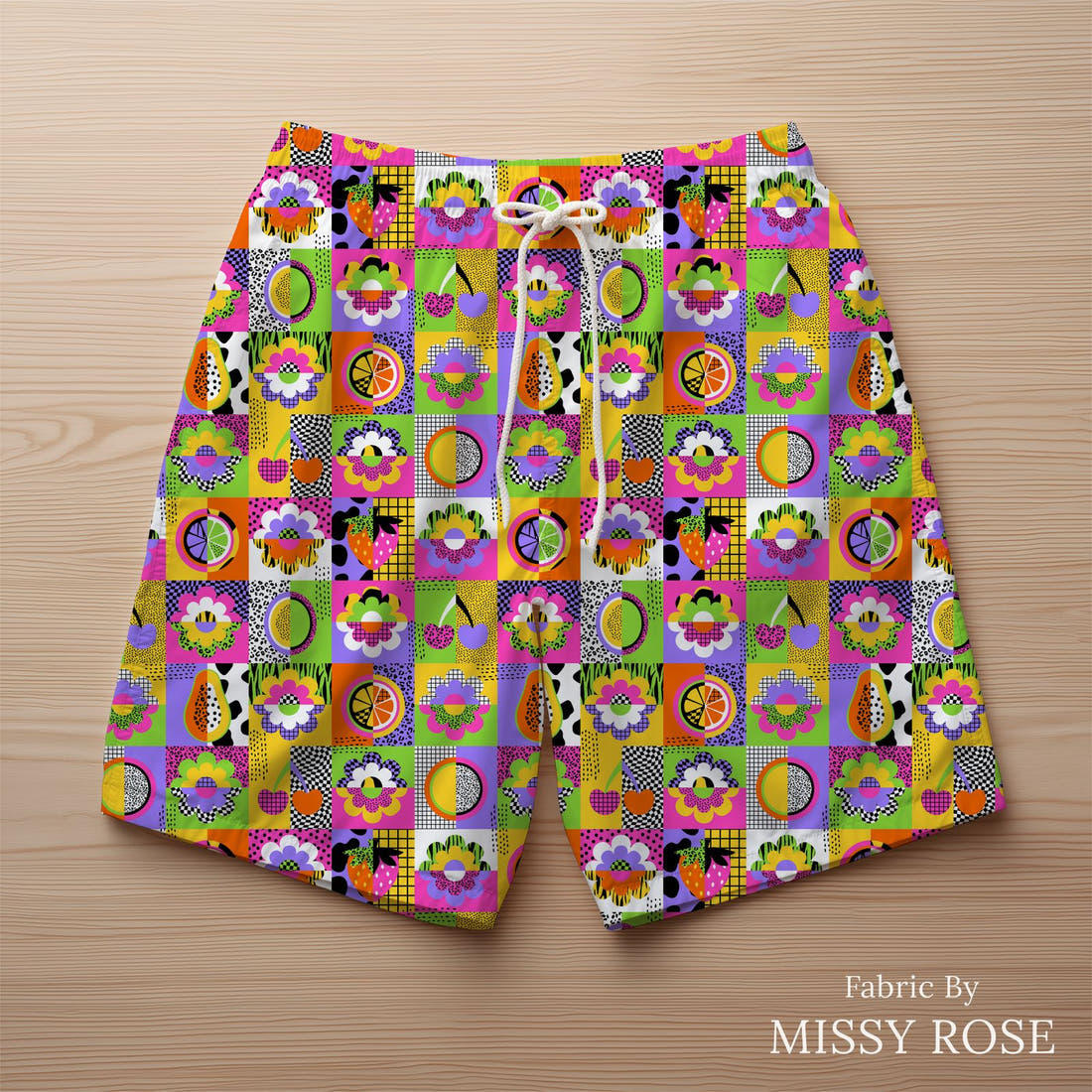 Studio Saturate Fabric 82 sewn into swim shorts - see how the print looks made up | Fabric by Missy Rose
