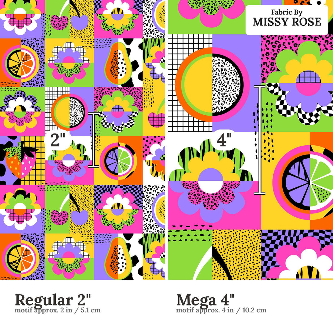 Studio Saturate Fabric 82 Regular 2 inch vs Mega 4 inch print scale side by side | Fabric by Missy Rose