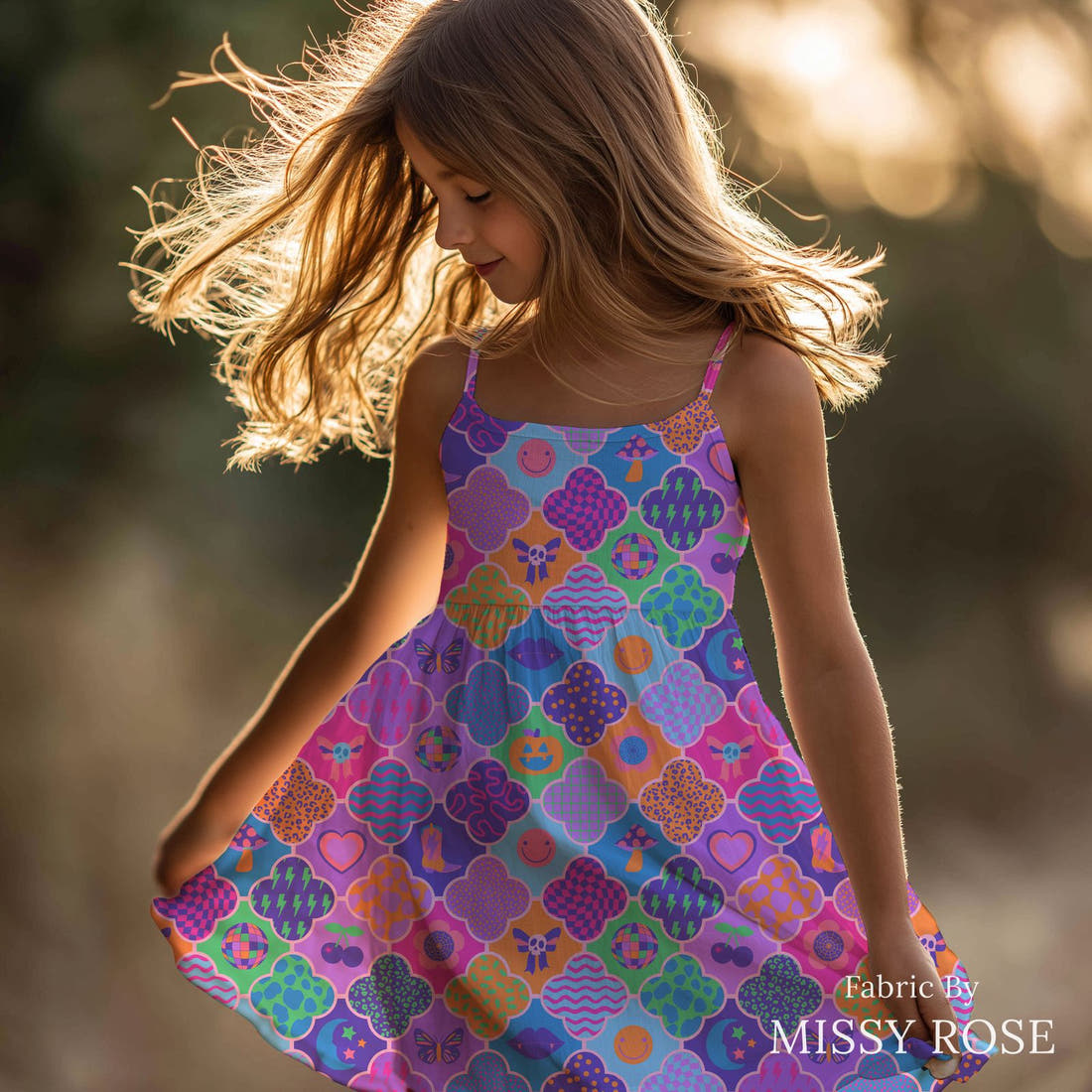 Studio Saturate Fabric 83 sewn into a girls' dress - see how the print looks made up | Fabric by Missy Rose